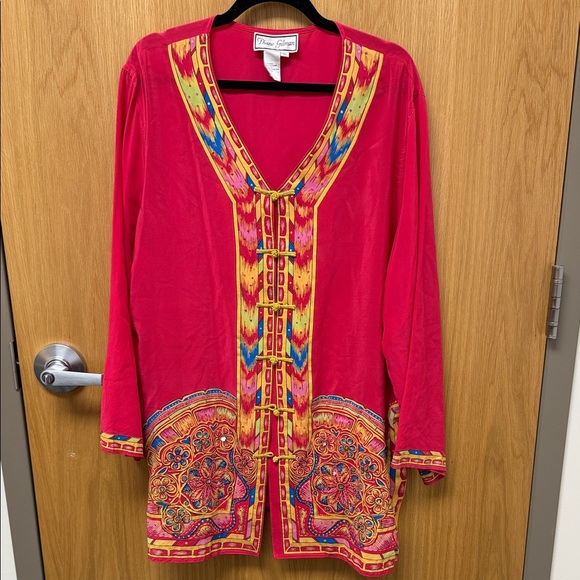 Diane Gilman Tops - Diane Gilman Hot Pink Embroidered V-Neck Tunic with Multicolor Trim